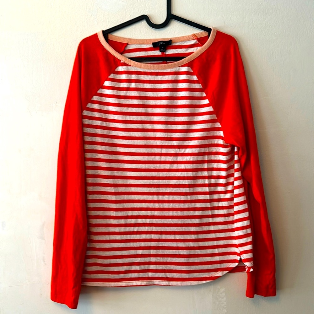 J. Crew baseball-style top in orange and white stripe with light orange collar